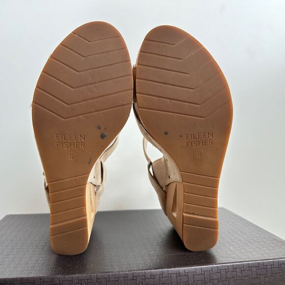 Eileen Fisher Beige Suede Wood Platform Cutout Wedge Stud Peeptoe Sandals US 6 - Picture 5 of 6